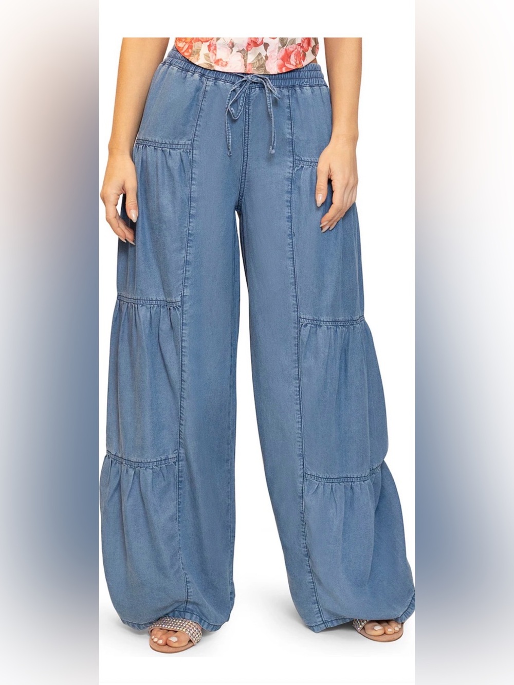 Stevie by Steve Madden Chambray Wide Leg Full Length Pants Tiered size XS NWT